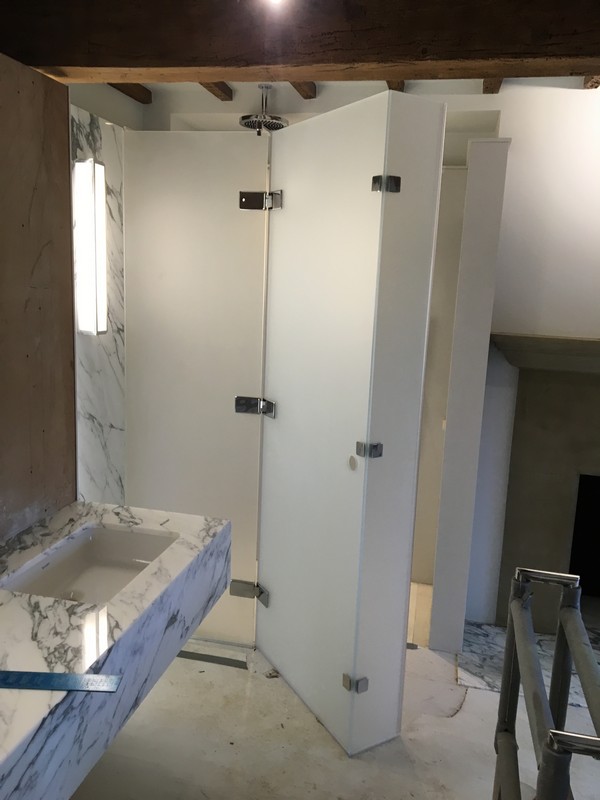 Bespoke frosted glass shower enclosure in Bletchley luxury bathroom